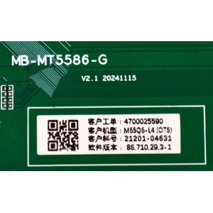 MAIN ORIGINAL PARA TV VIZIO 4K UHD HDR SMARTCAST / NUMERO DE PARTE 21201-04631 / MB-MT5586-G / 4700025590 / 86.710.29.3-1 / PANEL BOEI650WQ1 / DISPLAY HV650QUB-F73 / MODELO M65Q6-L4 / M65Q6-L4 LBVR7PB