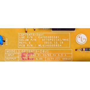 FUENTE DE PODER ORIGINAL PARA TV LG / NUMERO DE PARTE EAY65895581 / LGP75NTS-24U1 / ST75P211A1/WHE / ML41A050983A / 65895581 / PANEL NC750TQG-ABKHG / DISPLAY HV750QUB-F9E / MODELO 75UT7000PUA / 75UT7000PUA.BUSFLKR