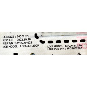 FUENTE DE PODER ORIGINAL PARA TV LG / NUMERO DE PARTE EAY65904023 / LGP65C3-23OP / EPCA48CC2A / 3PCR03223A / 65904023 / MODELO OLED65C3AUA / OLED65C3AUA.DUSQLJR