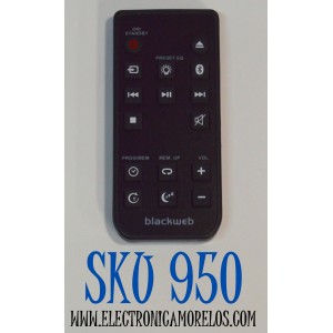 CONTROL REMOTO ORIGINAL PARA EL SISTEMA DE AUDIO ESTEREO CON REPRODUCTOR DE CD BLUETOOTH BLACKWEB / COMPATIBLE CON EL SISTEMA DE BARRA DE SONIDO BLACKWEB / NUMERO DE PARTE R7115S / R7114S / BWA17AA005 / BWA18SB001 / BWD19AAA06 / BWD19AAA07 / 100008725