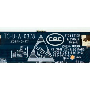 T-CON ORIGINAL PARA TV ONN / NUMERO DE PARTE TC-U-A-0378 / 2424-0008 / KB-6160 / CQC21134314846 / P224745A-E / PANEL C550Y20-G5 / DISPLAY HV550QUB-F70 / MODELO 100012586 55"