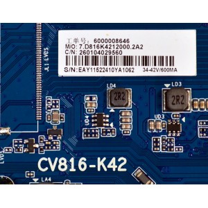 MAIN FUENTE COMBO ORIGINAL NUEVA PARA TV JVC / WESTINGHOUSE / NUNERO DE PARTE 260104029560 / CV816-H42 / 7.D816K4212000.2A2 / 6000008646 / PANEL HK315LEDM-JH4ZH / HK315WLED-JHS5H / DISPLAY PT320AT02-2 VER.2.0 / MODELO SI32R / WR32HX2210