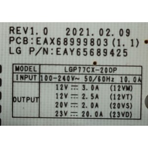 KIT DE TARJETAS PARA TV LG / MAIN EBT66634903 / EAX69789001(1.0) / FUENTE EAY65689425 / EAX68999803(1.1) / T-CON 6871L-6890A / 6870C-0858C / PANEL AC770AQL CPA1 / MODELO OLED77C1PUB.DUSPLJR