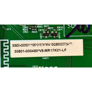 KIT DE TARJETAS ORIGINAL PARA TV TCL / NUMERO DE PARTE MAIN 30800-000501 / 40-MR17G7-MAA2HG / 11602-500466 / 30801-000480 / V8-MR17K01-LF / FUENTE G0504-000222 / 40-L20XH4-PWC1ZG / 11601-500051 / PANEL LVU75NDAL / DISPLAY ST7461D03-2 / MODELO 75S41BR