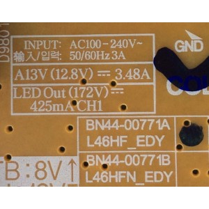 FUENTE DE PODER / SAMSUNG BN44-00771A / BN4400771A / L46HF_EDY /  PANEL CY-DEF460CSLC1H / MODELO UN46H6203AFXZA /  UN46H5203AFXZA TD01 / UN46H6201AFXZA TD01