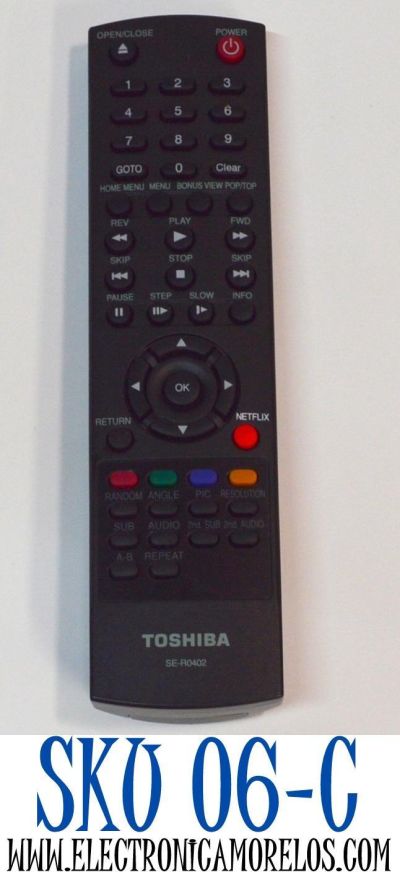 CONTROL REMOTO ORIGINAL PARA REPRODUCTORES DE BLU-RAY/DVD TOSHIBA / NUMERO DE PARTE SE-R0402 / SW-0145 / W6023-0145-0331 / MODELO BDX2250KU / BDX5200 / BDX4200KU / BDX2200KU / BDX4200 / BDX4150KU / BDK21 / BDX2200 / BDX2150K / BDK21KU / BDK33 / BDK33KU