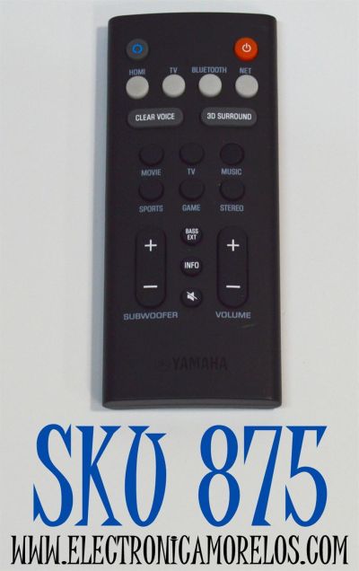CONTROL REMOTO ORIGINAL YAMAHA PARA BARRAS DE SONIDO / CONTROLA FUNCIONES COMO HDMI / TV / BLUETOOTH / RED / NUMERO DE PARTE VAF7640 / FRS70 / FRS78 / ZV28960 / VDQ7610 / MODELO YAS-209 / SR-C30A / YAS-108 / SR-C20A / SR-B20A / ATS-1080 / ATS-1090
