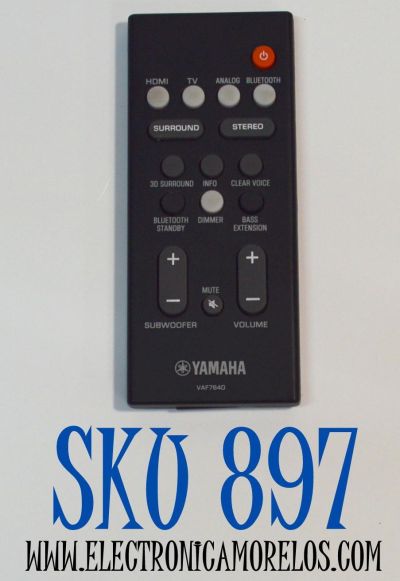 CONTROL REMOTO ORIGINAL PARA BARRAS DE SONIDO YAMAHA / NUMERO DE PARTE VAF7640 / VAF7840 / VAF76400 / FRS78 / ZV28960 / VAH0130 / MODELO YAS-108 / ATS-1080 / ATS-1060 / YAS-107 / ATS-4080 / ATS-1070 / ATS1080 / YAS108